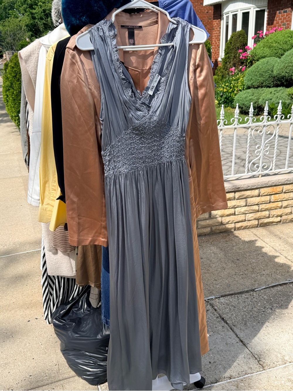 Zara Silver Gray V‑Neck Smocked Midi Dress